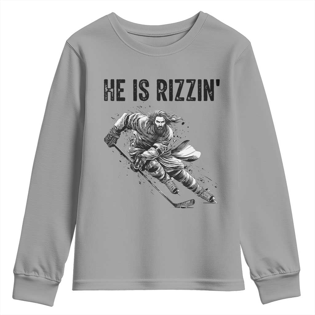 Funny Christian Ice Hockey Lover Gift Youth Sweatshirt He Is Rizzin - Wonder Print Shop