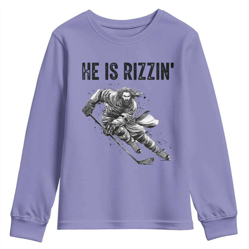 Funny Christian Ice Hockey Lover Gift Youth Sweatshirt He Is Rizzin - Wonder Print Shop