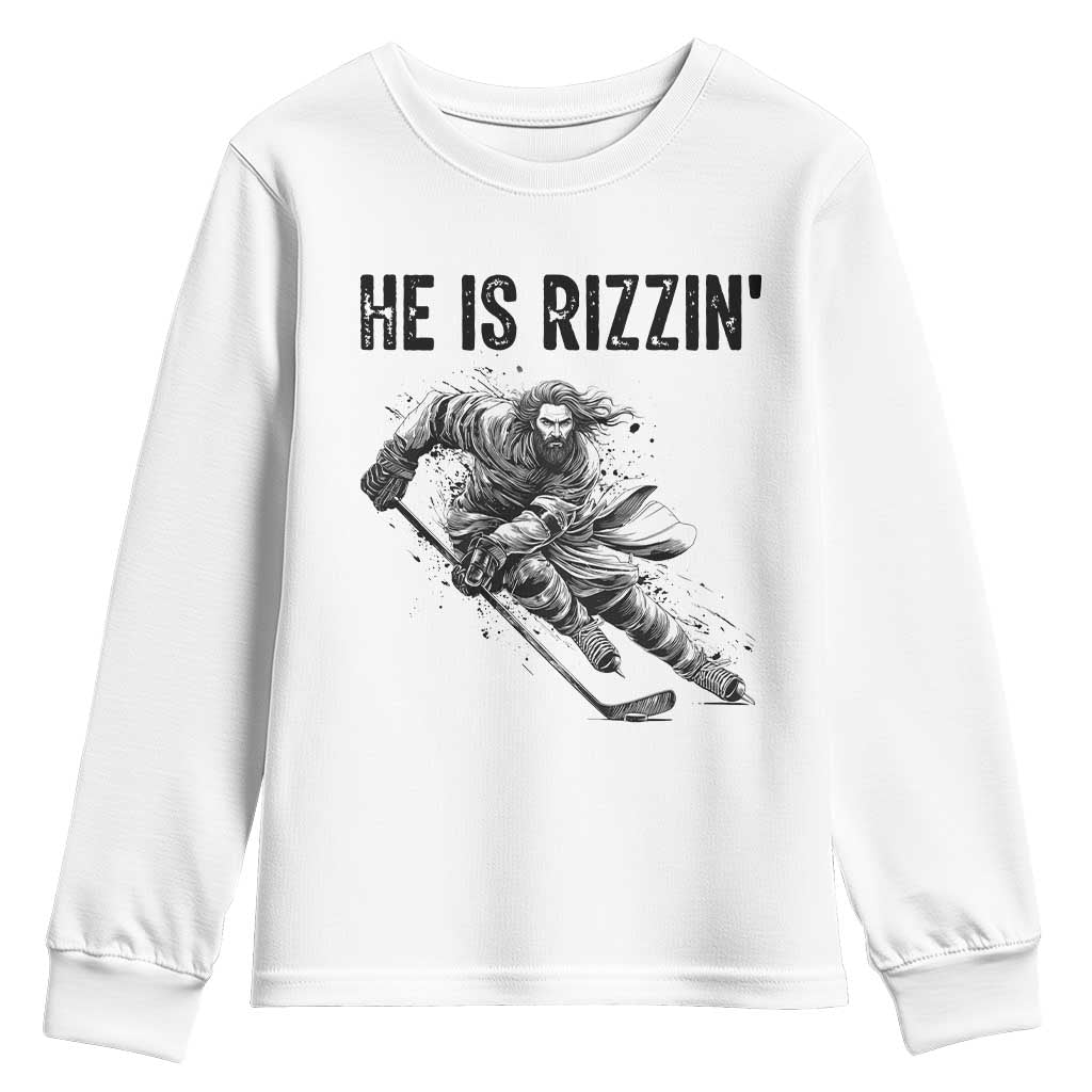 Funny Christian Ice Hockey Lover Gift Youth Sweatshirt He Is Rizzin - Wonder Print Shop