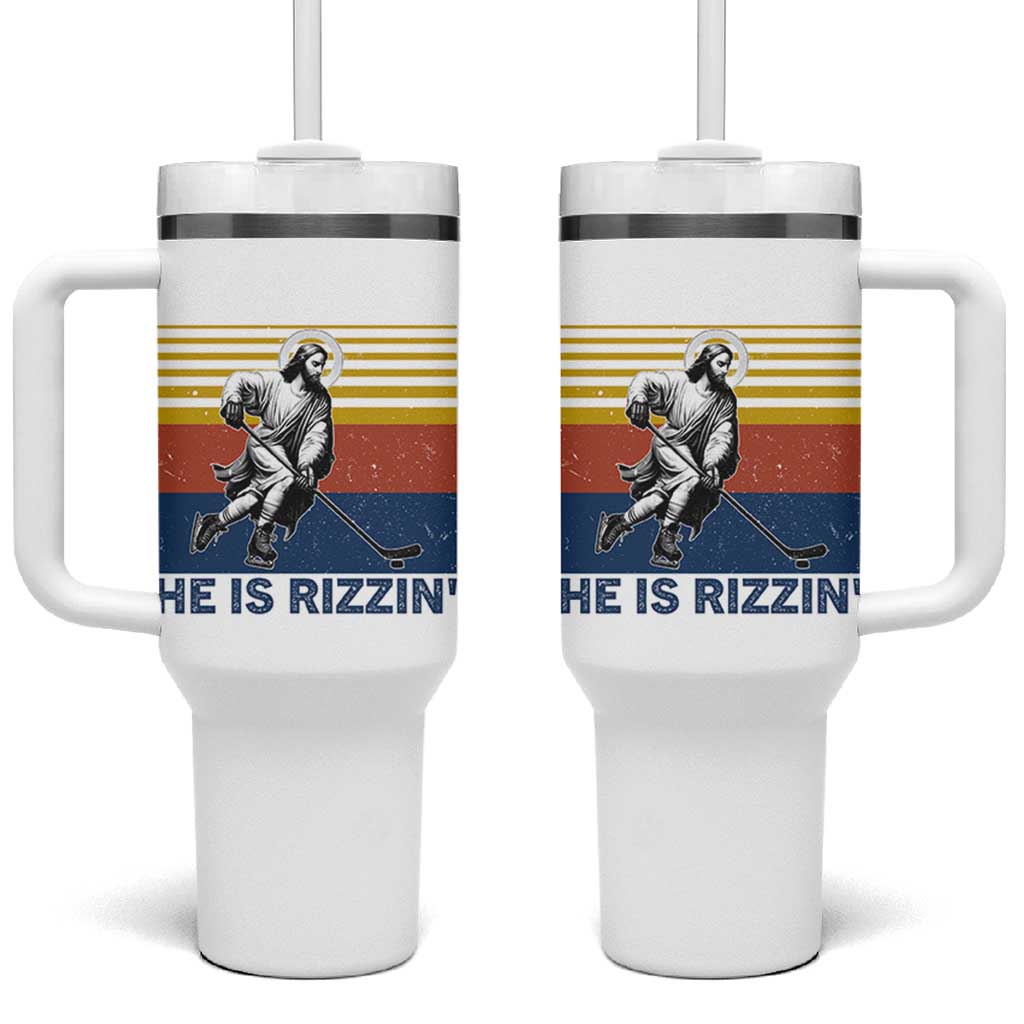 He Is Rizzin Tumbler With Handle Christian Hockey Retro Funny Gift For Believers - Wonder Print Shop