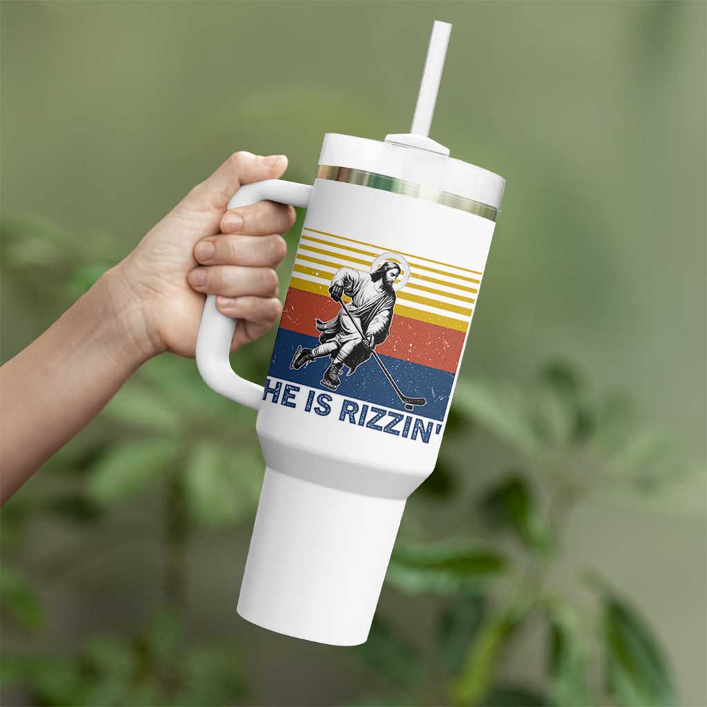 He Is Rizzin Tumbler With Handle Christian Hockey Retro Funny Gift For Believers - Wonder Print Shop