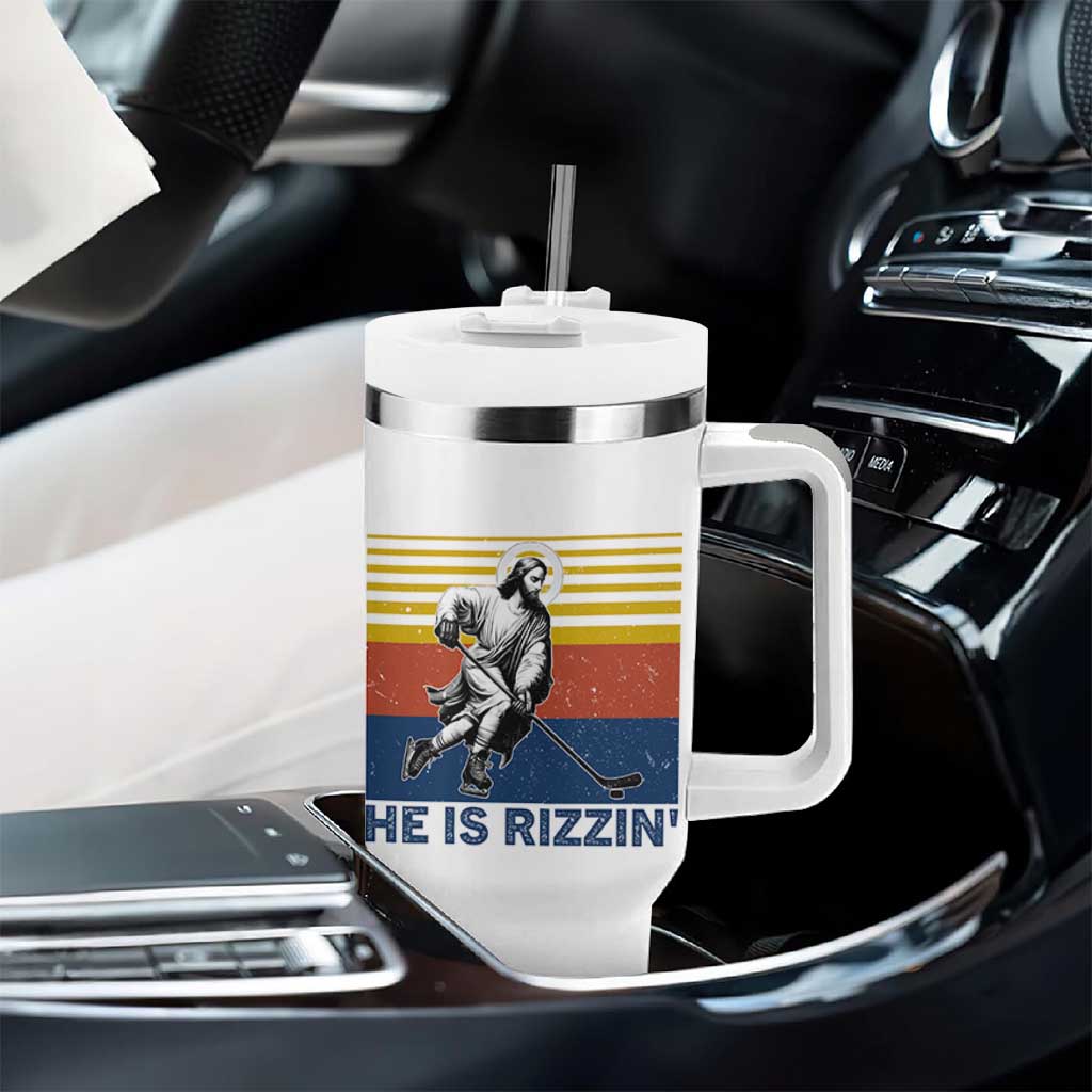 He Is Rizzin Tumbler With Handle Christian Hockey Retro Funny Gift For Believers - Wonder Print Shop