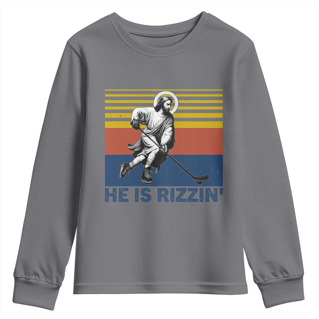 He Is Rizzin Youth Sweatshirt Christian Hockey Retro Funny Gift For Believers - Wonder Print Shop
