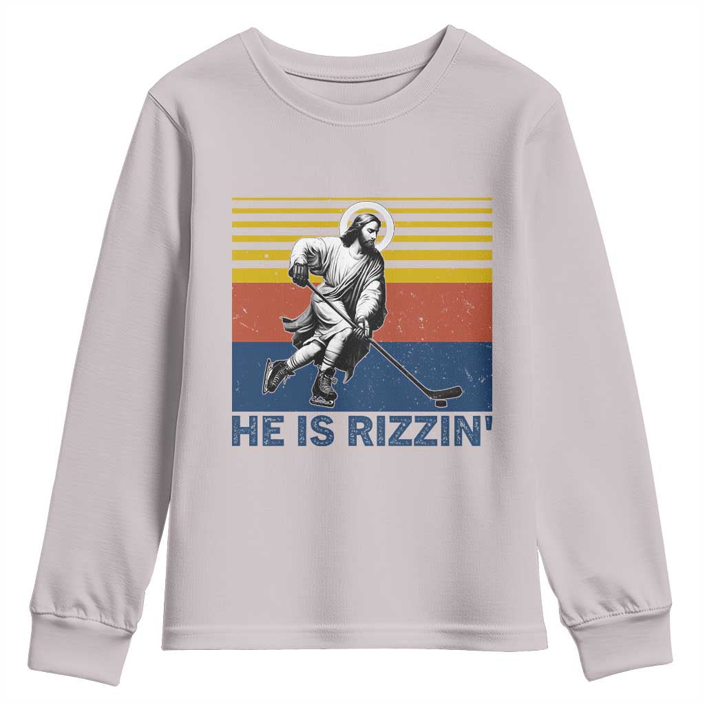 He Is Rizzin Youth Sweatshirt Christian Hockey Retro Funny Gift For Believers - Wonder Print Shop