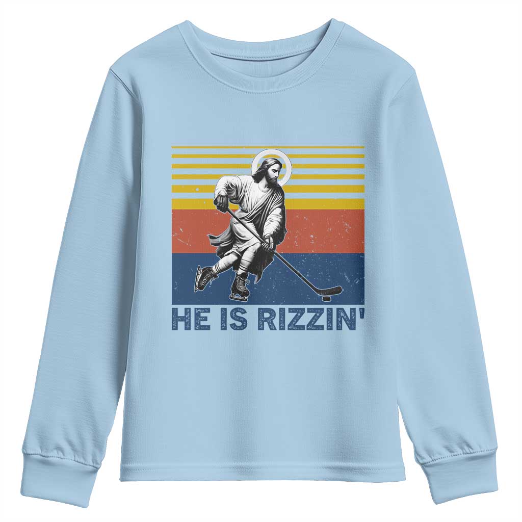 He Is Rizzin Youth Sweatshirt Christian Hockey Retro Funny Gift For Believers - Wonder Print Shop