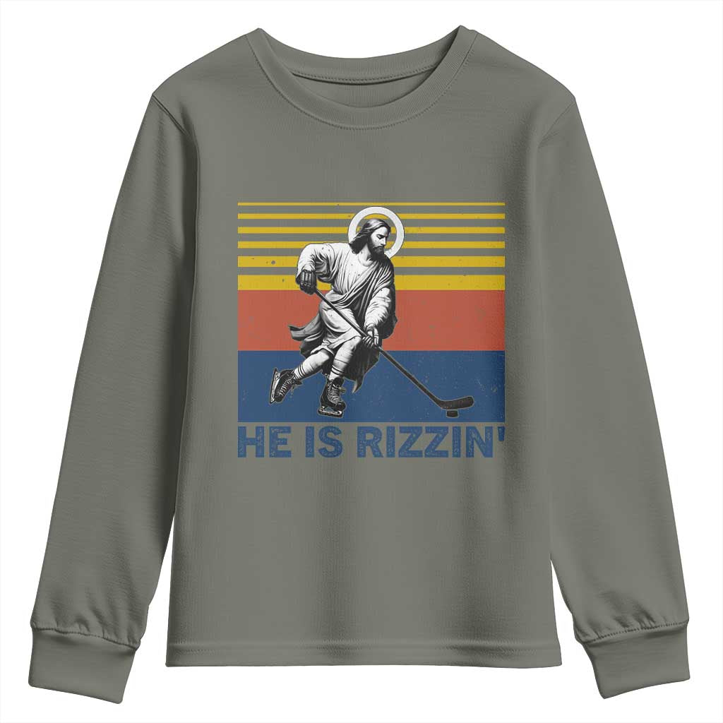 He Is Rizzin Youth Sweatshirt Christian Hockey Retro Funny Gift For Believers - Wonder Print Shop