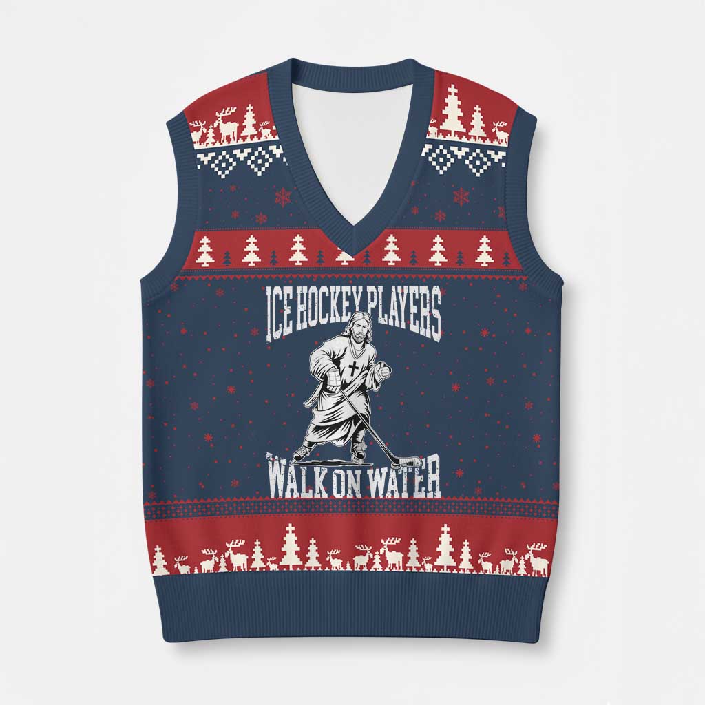 Jesus Ice Hockey Players Walk On Water V-Neck Knit Sweater Vest Funny Christian Gift - Wonder Print Shop