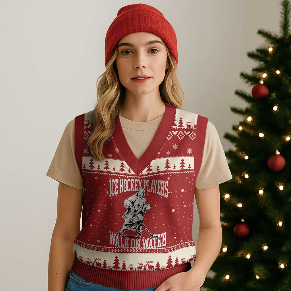 Jesus Ice Hockey Players Walk On Water V-Neck Knit Sweater Vest Funny Christian Gift - Wonder Print Shop