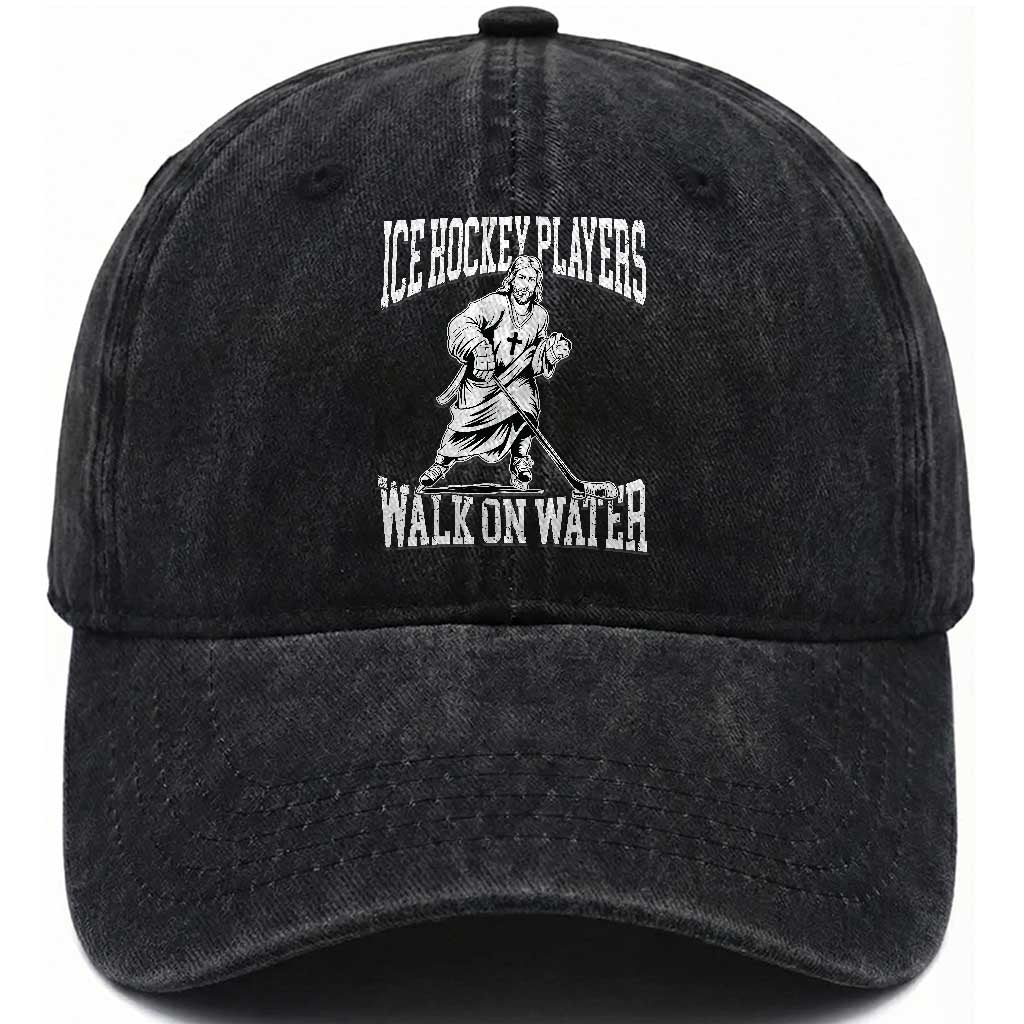 Jesus Ice Hockey Players Walk On Water Washed Cotton Baseball Cap Funny Christian Gift