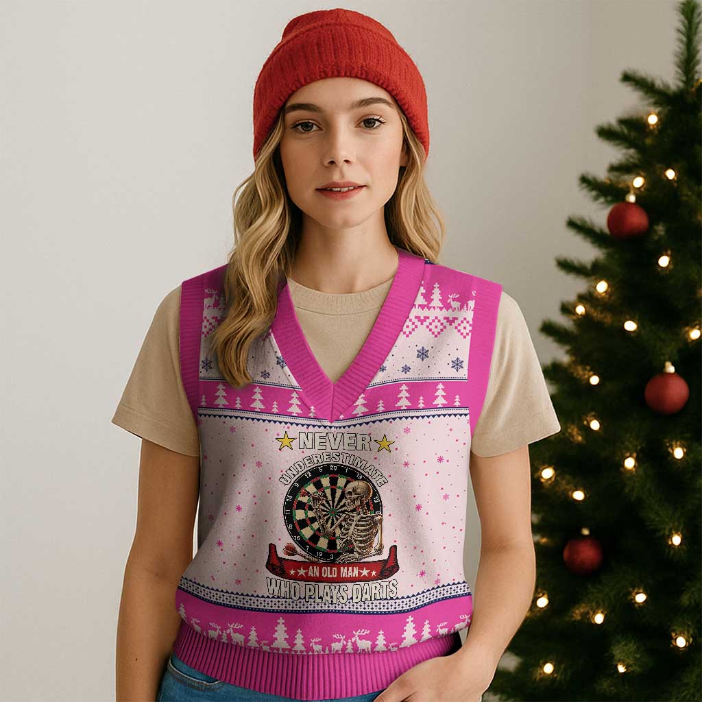Never Underestimate An Old Man Plays Darts V-Neck Knit Sweater Vest Gothic Darts Player - Wonder Print Shop