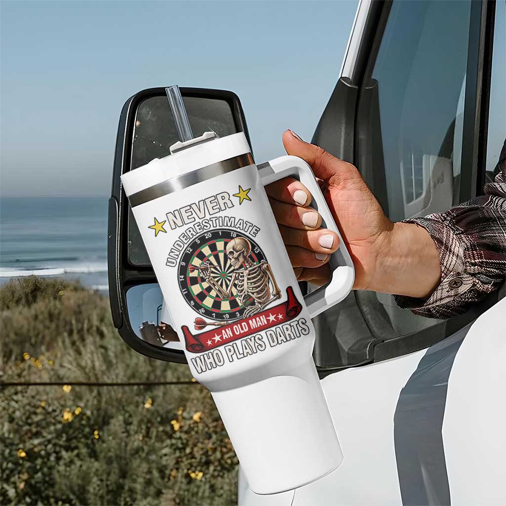 Never Underestimate An Old Man Plays Darts Tumbler With Handle Gothic Darts Player - Wonder Print Shop