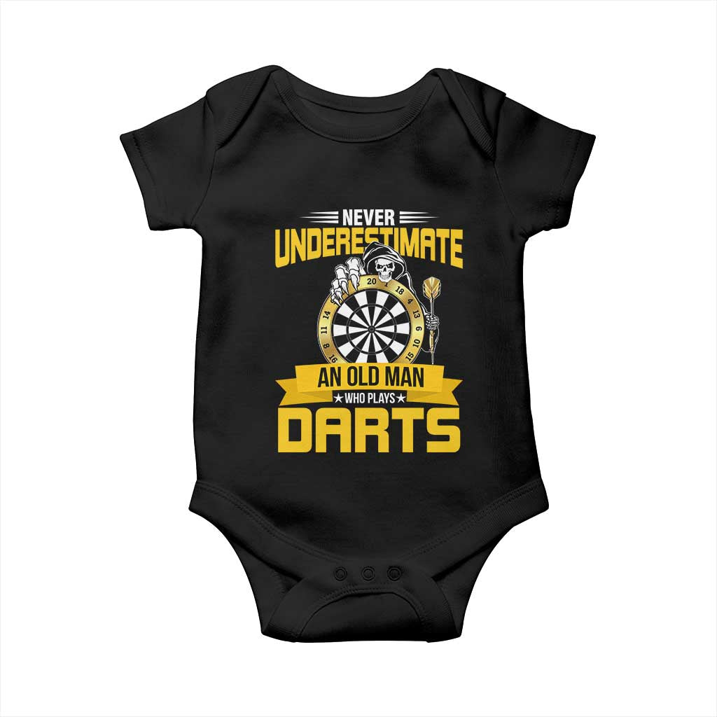 Never Underestimate An Old Man Plays Darts Baby Onesie Funny Dartist Grim Reaper Gift - Wonder Print Shop