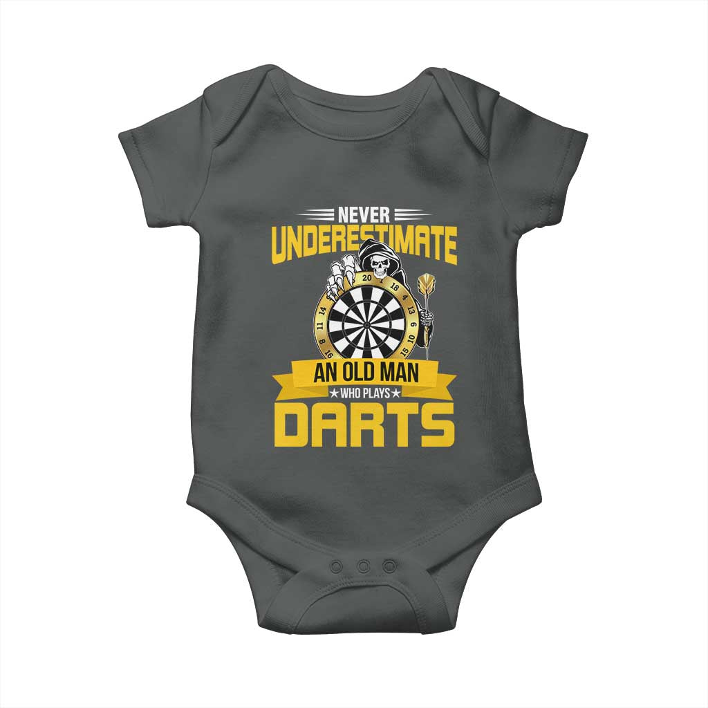 Never Underestimate An Old Man Plays Darts Baby Onesie Funny Dartist Grim Reaper Gift - Wonder Print Shop