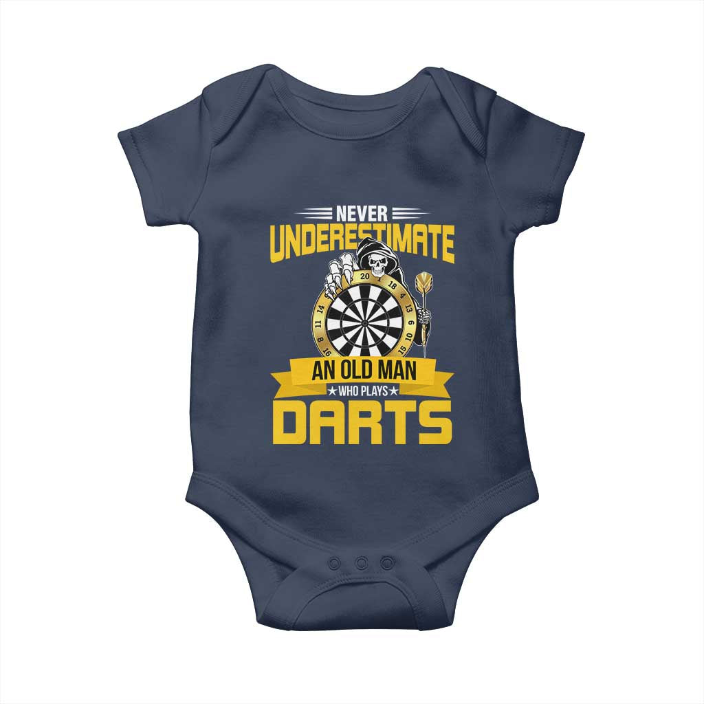 Never Underestimate An Old Man Plays Darts Baby Onesie Funny Dartist Grim Reaper Gift - Wonder Print Shop