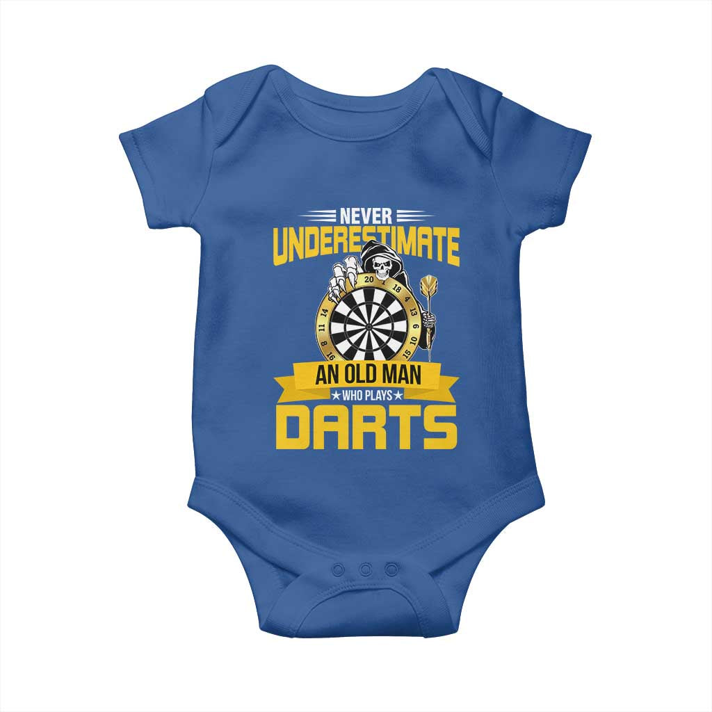 Never Underestimate An Old Man Plays Darts Baby Onesie Funny Dartist Grim Reaper Gift - Wonder Print Shop