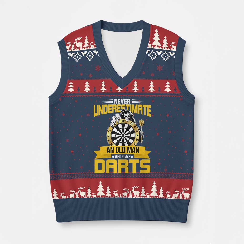 Never Underestimate An Old Man Plays Darts V-Neck Knit Sweater Vest Funny Dartist Grim Reaper Gift - Wonder Print Shop