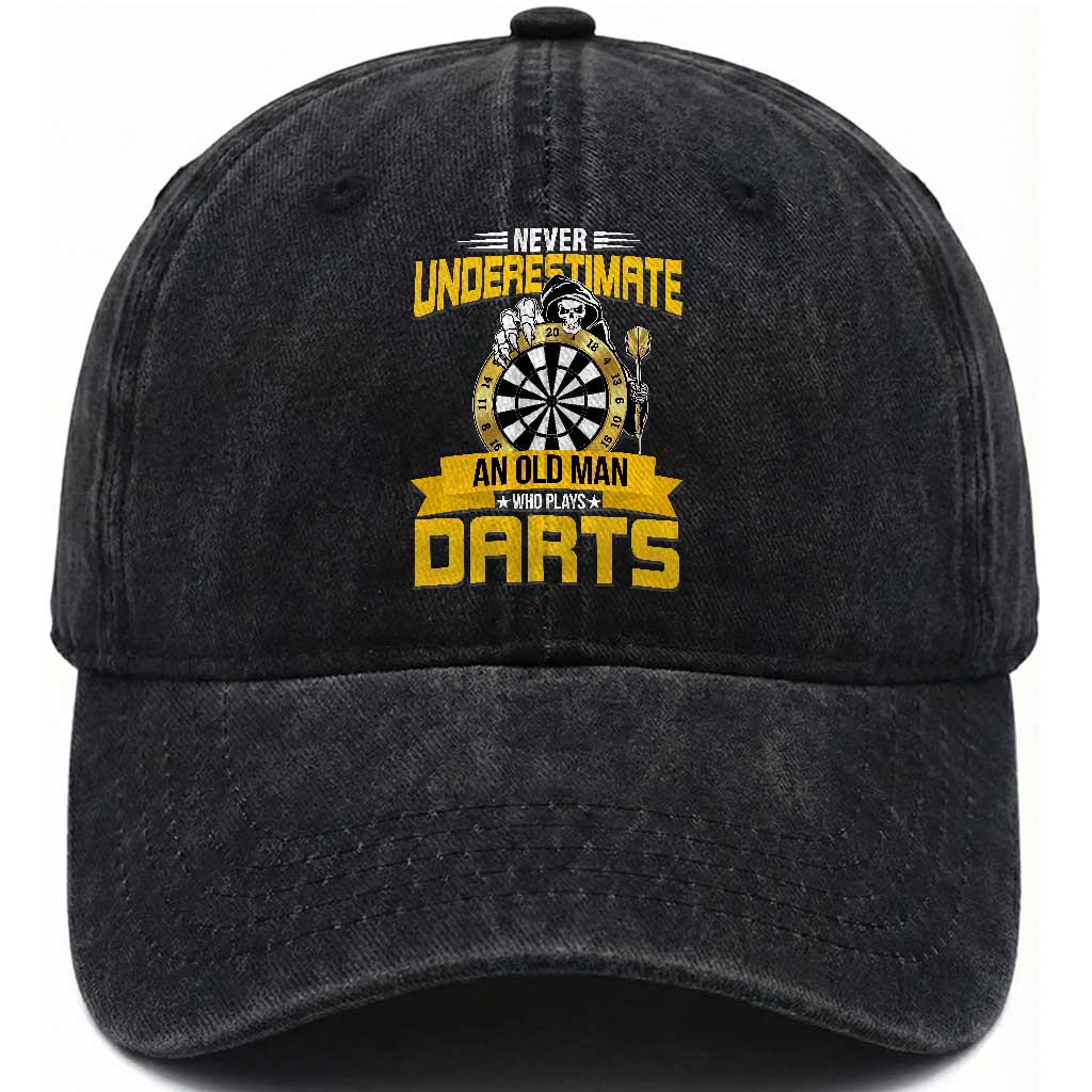 Never Underestimate An Old Man Plays Darts Washed Cotton Baseball Cap Funny Dartist Grim Reaper Gift
