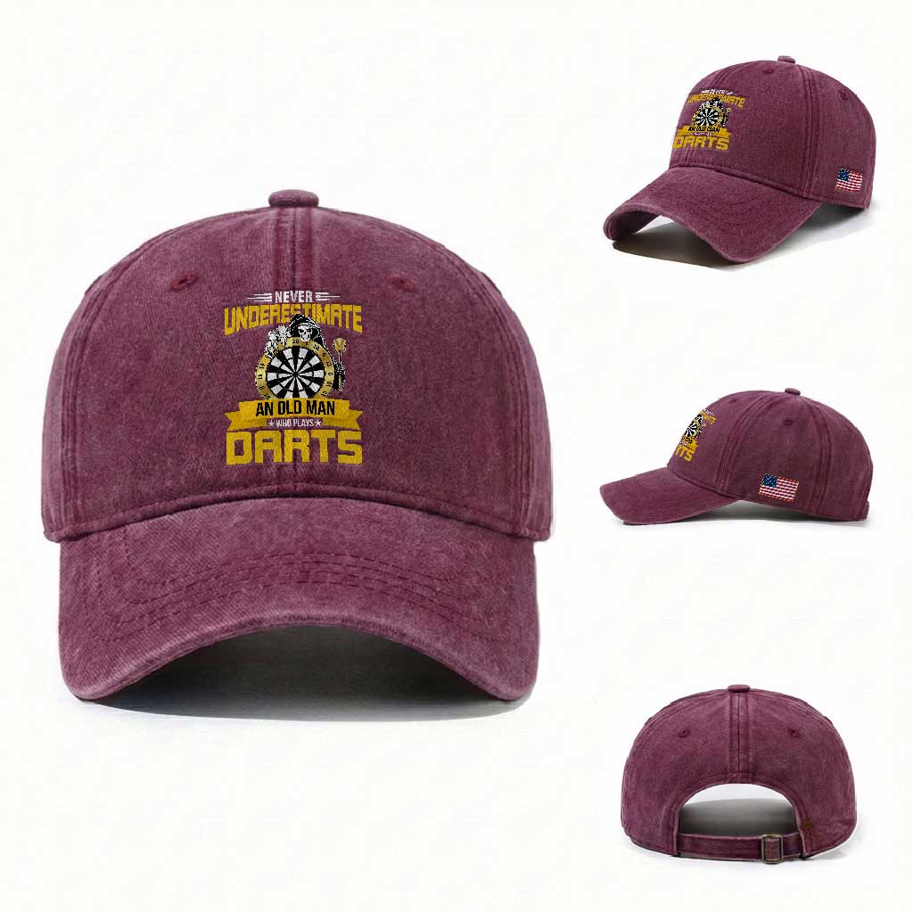 Never Underestimate An Old Man Plays Darts Washed Cotton Baseball Cap Funny Dartist Grim Reaper Gift