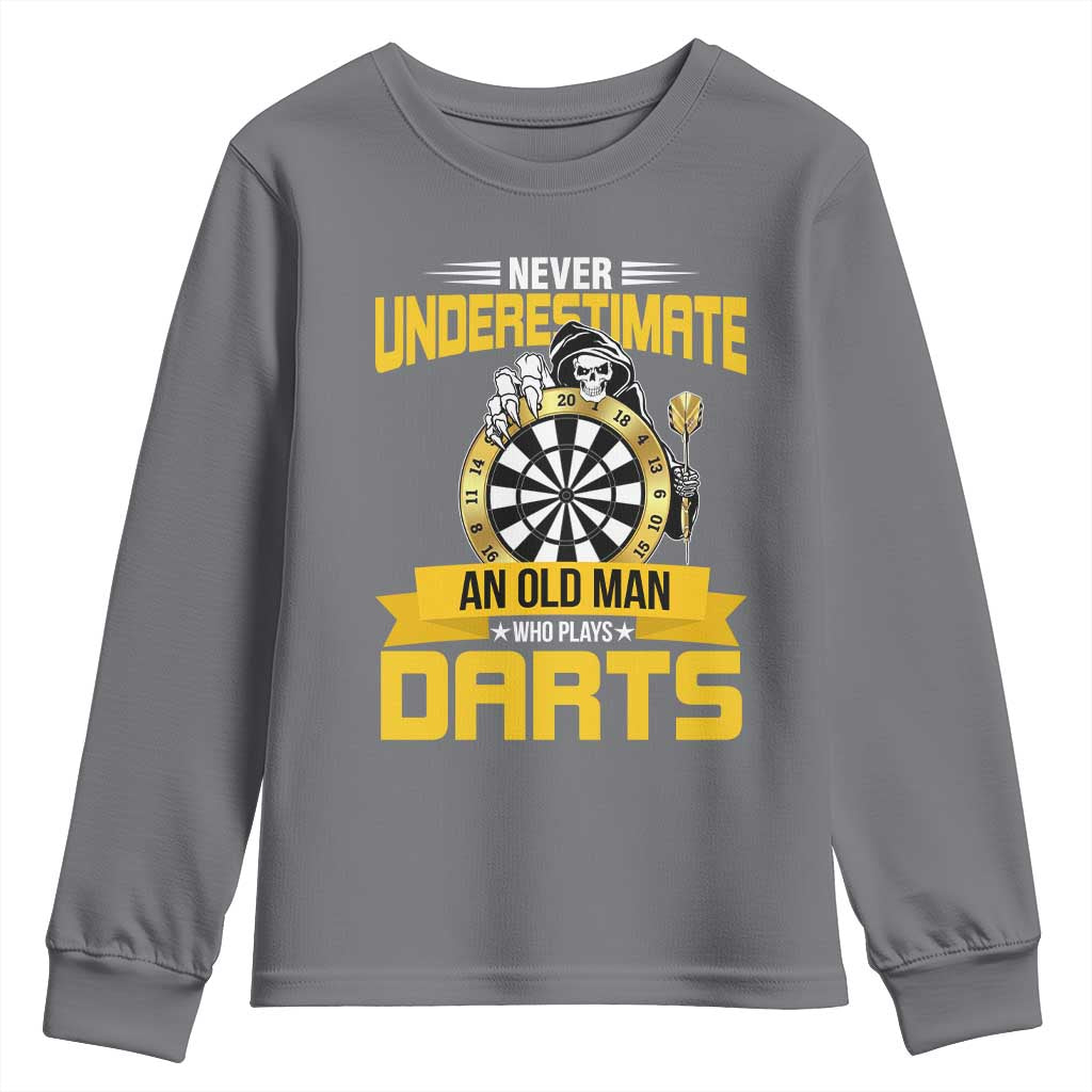 Never Underestimate An Old Man Plays Darts Youth Sweatshirt Funny Dartist Grim Reaper Gift - Wonder Print Shop