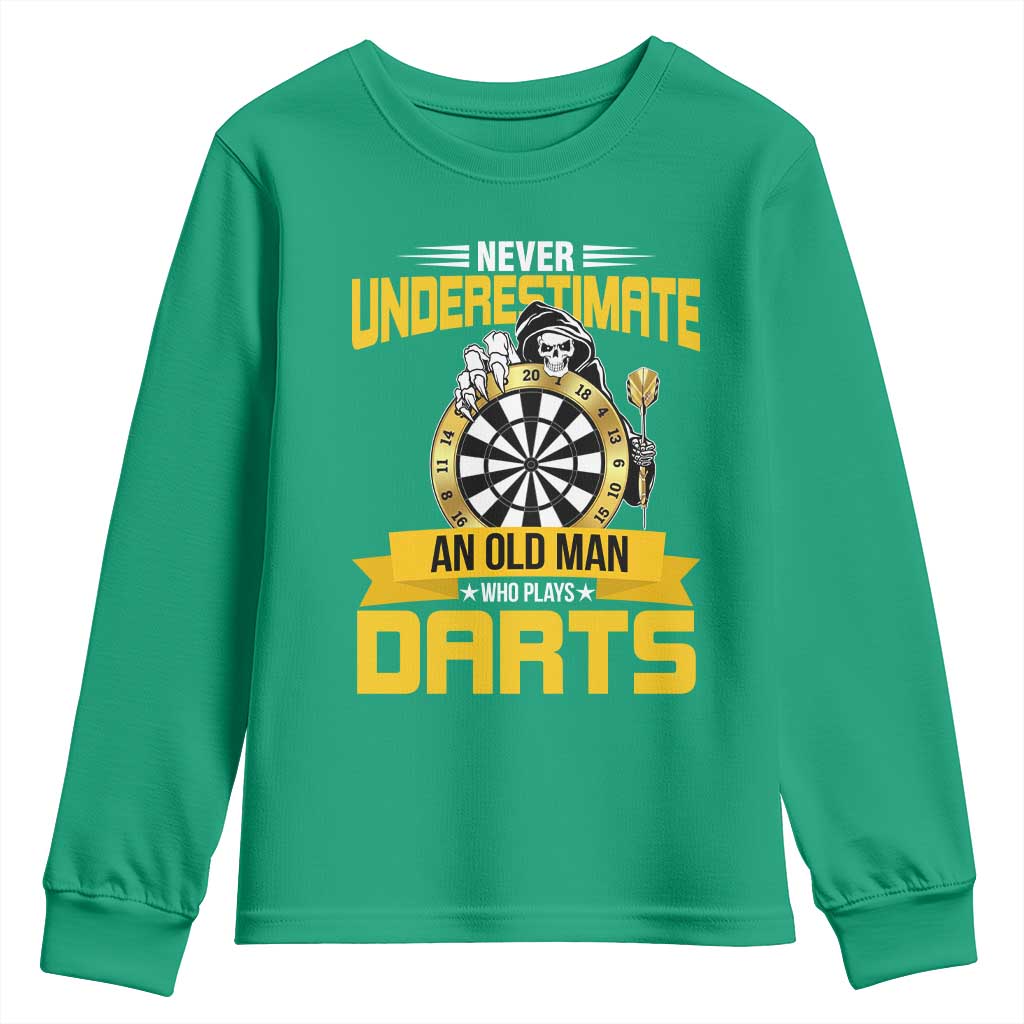 Never Underestimate An Old Man Plays Darts Youth Sweatshirt Funny Dartist Grim Reaper Gift - Wonder Print Shop