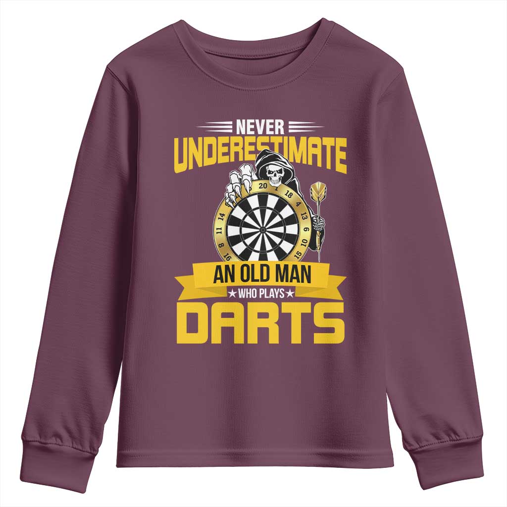 Never Underestimate An Old Man Plays Darts Youth Sweatshirt Funny Dartist Grim Reaper Gift - Wonder Print Shop