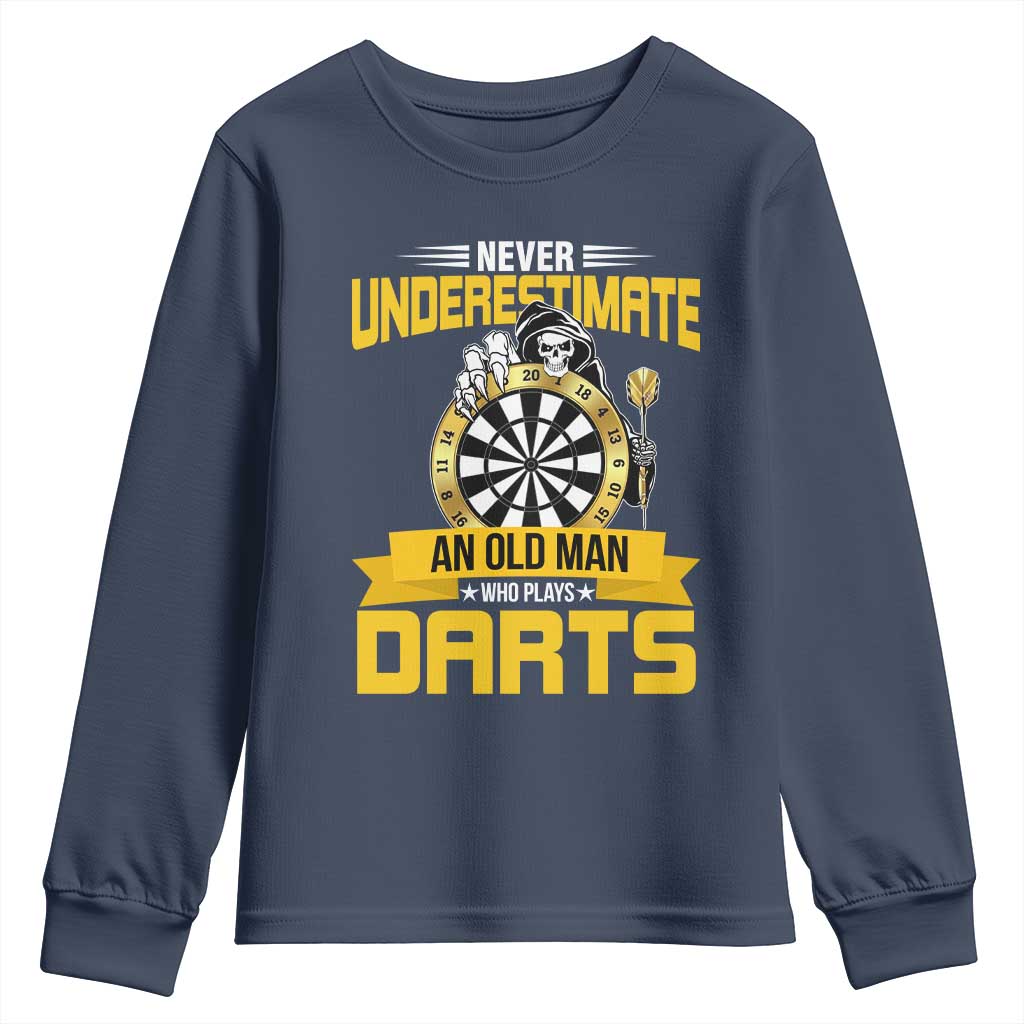 Never Underestimate An Old Man Plays Darts Youth Sweatshirt Funny Dartist Grim Reaper Gift - Wonder Print Shop