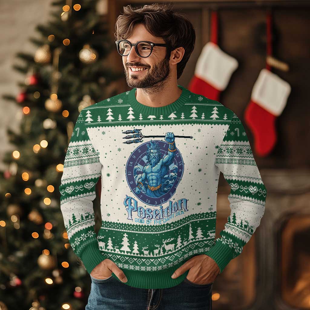 Ancient Greek Mythology Poseidon Dartist Ugly Christmas Sweater God Of The Dart Sea Trident - Wonder Print Shop