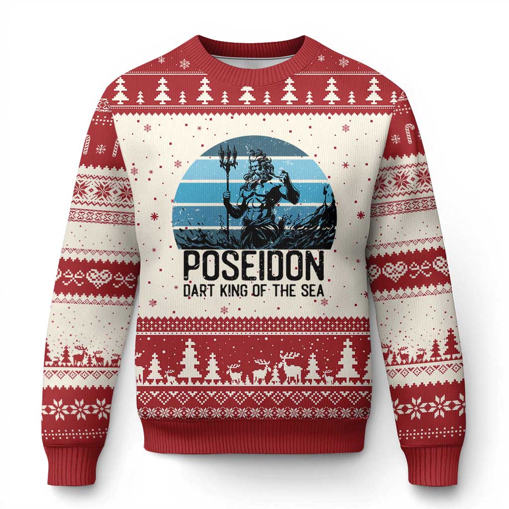 Ancient Greek Mythology Poseidon Dartist Ugly Christmas Sweater Dart King Of The Sea Trident - Wonder Print Shop