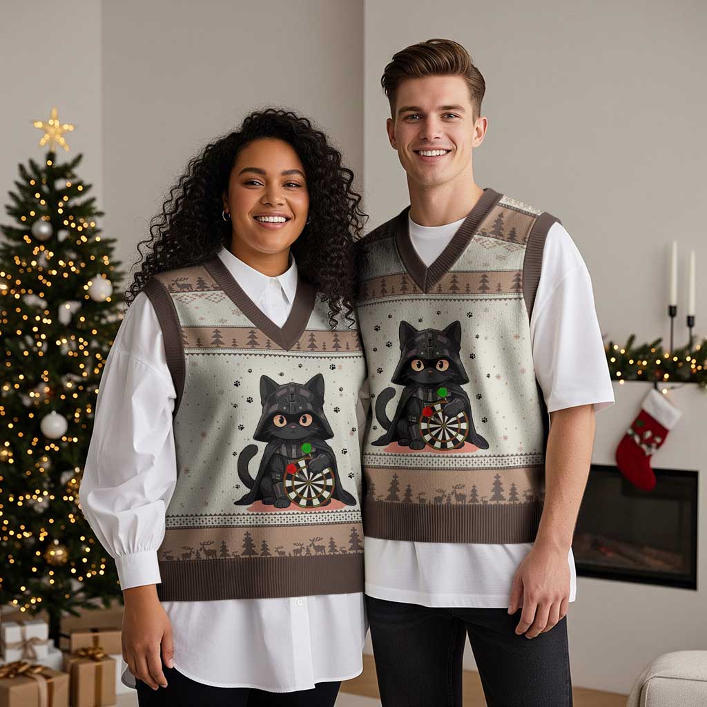 Dark Lord Cat Dartist Gift V-Neck Knit Sweater Vest Funny Sci Fi Dart Thrower Gift - Wonder Print Shop