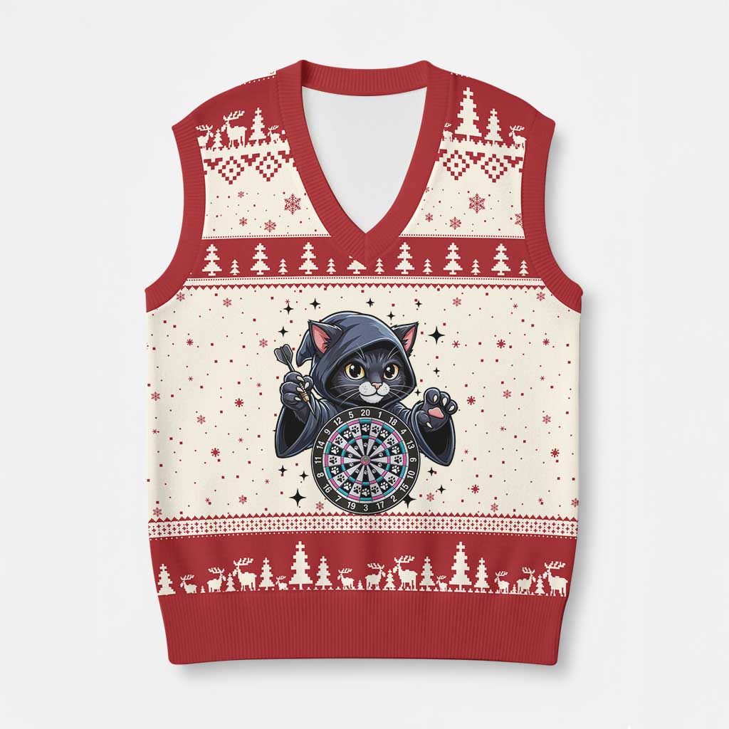 Funny Grim Reaper Cat Dart Player V-Neck Knit Sweater Vest Gothic Dartist Gift - Wonder Print Shop