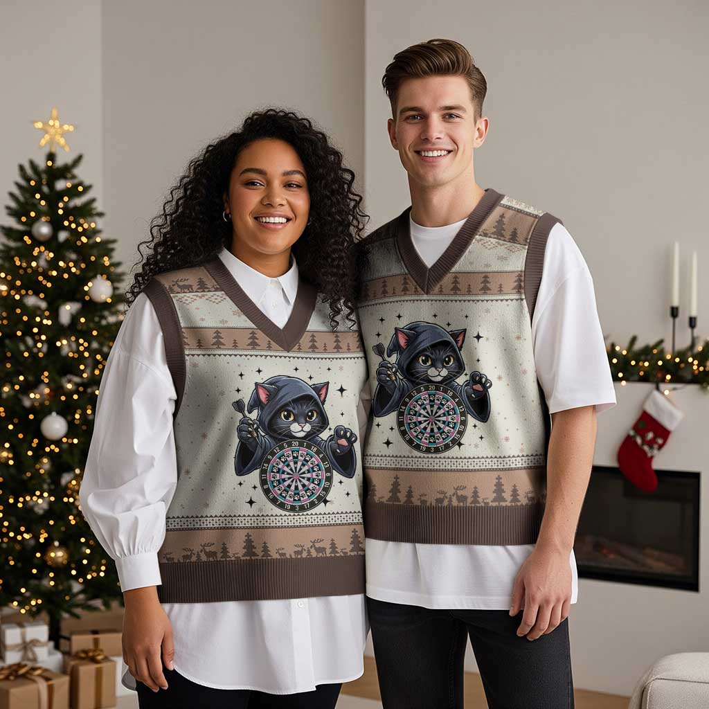 Funny Grim Reaper Cat Dart Player V-Neck Knit Sweater Vest Gothic Dartist Gift - Wonder Print Shop
