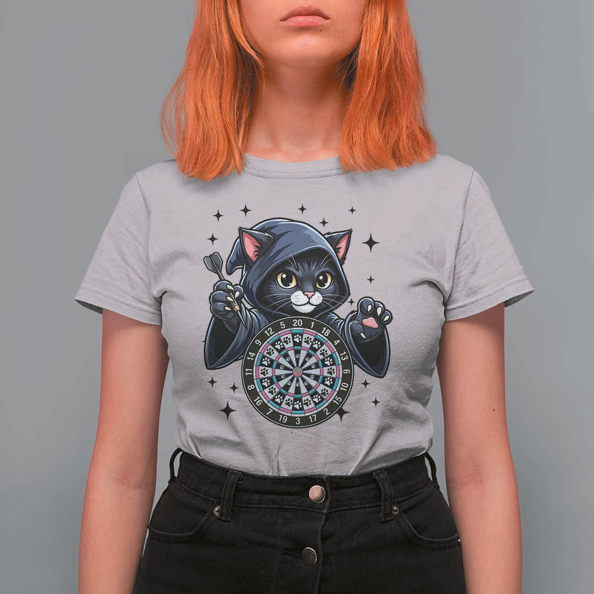 Funny Grim Reaper Cat Dart Player T Shirt For Women Gothic Dartist Gift - Wonder Print Shop