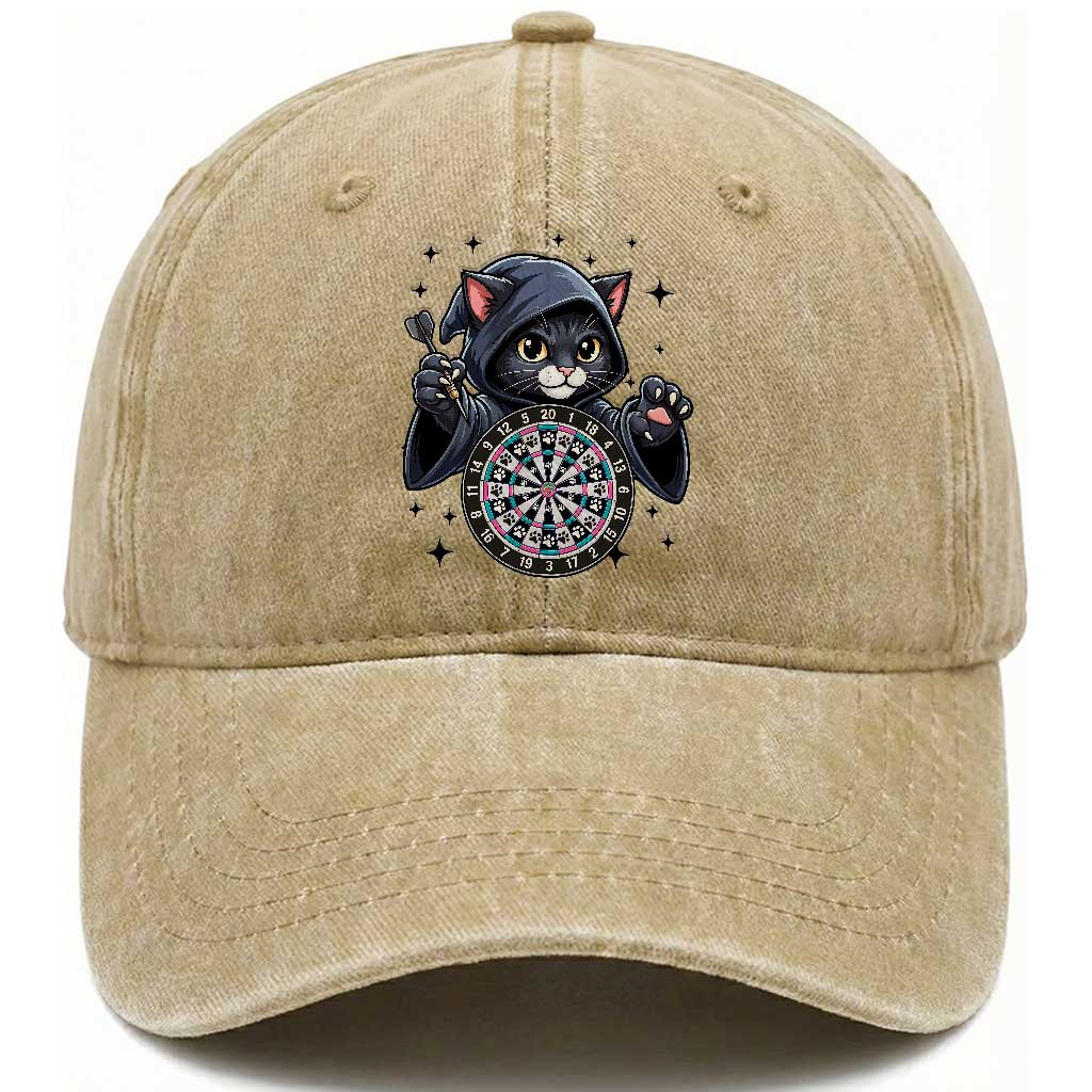 Funny Grim Reaper Cat Dart Player Washed Cotton Baseball Cap Gothic Dartist Gift