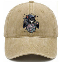 Funny Grim Reaper Cat Dart Player Washed Cotton Baseball Cap Gothic Dartist Gift