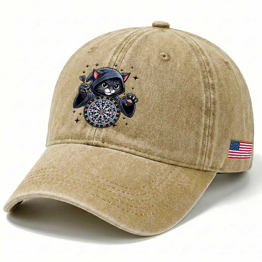 Funny Grim Reaper Cat Dart Player Washed Cotton Baseball Cap Gothic Dartist Gift