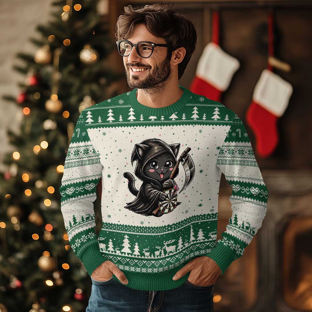 Dark Reaper Cat Throwing Darts Ugly Christmas Sweater Funny Pub Game Gift - Wonder Print Shop