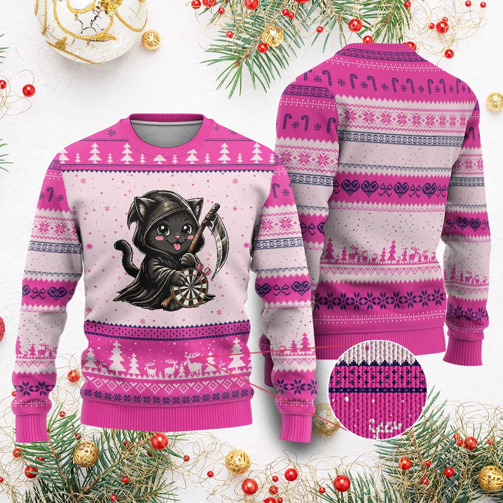 Dark Reaper Cat Throwing Darts Ugly Christmas Sweater Funny Pub Game Gift - Wonder Print Shop
