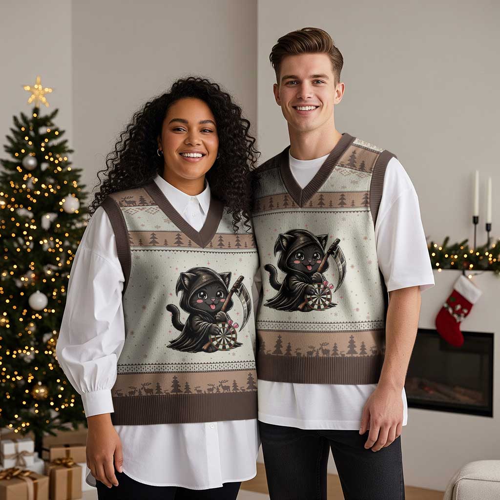 Dark Reaper Cat Throwing Darts V-Neck Knit Sweater Vest Funny Pub Game Gift - Wonder Print Shop