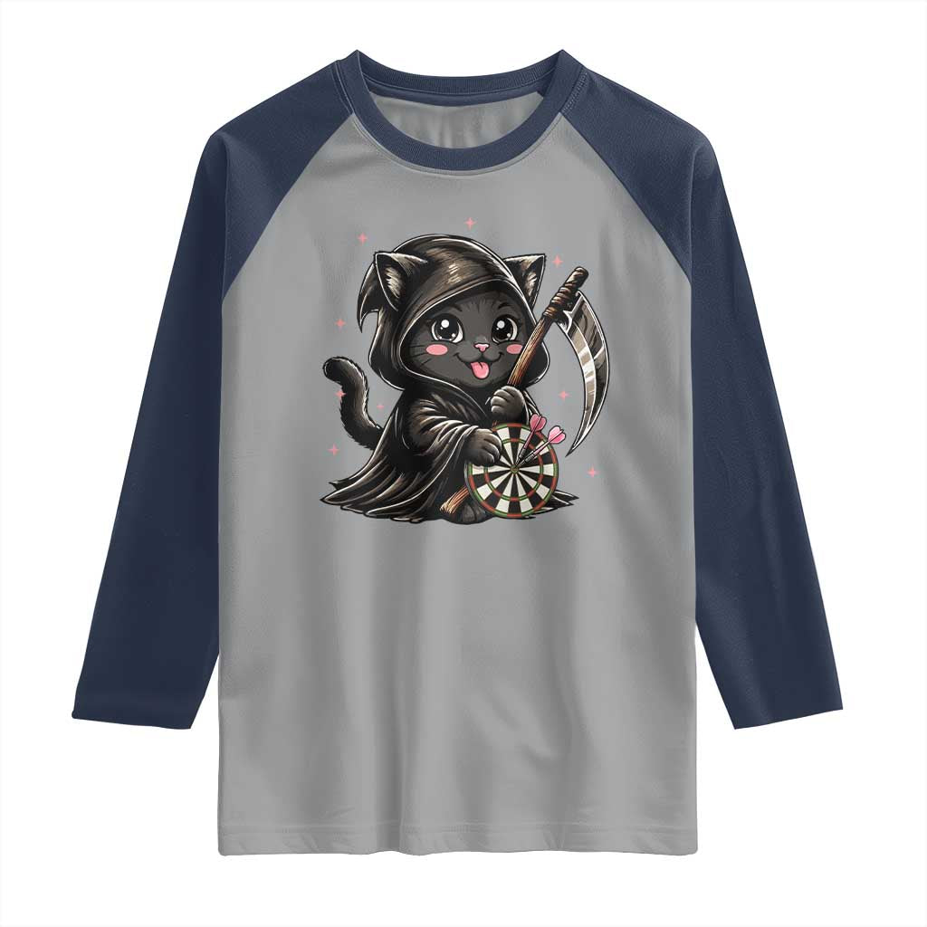 Dark Reaper Cat Throwing Darts Raglan Shirt Funny Pub Game Gift - Wonder Print Shop
