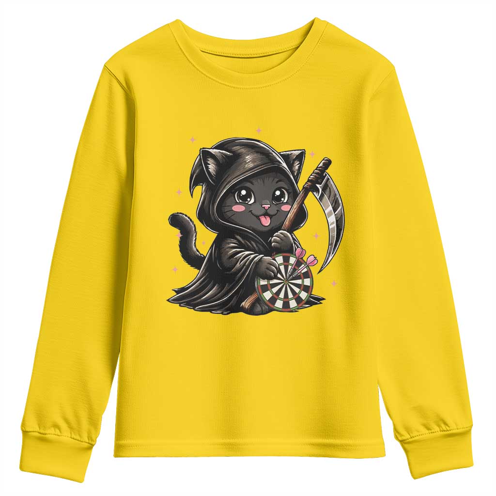 Dark Reaper Cat Throwing Darts Youth Sweatshirt Funny Pub Game Gift - Wonder Print Shop