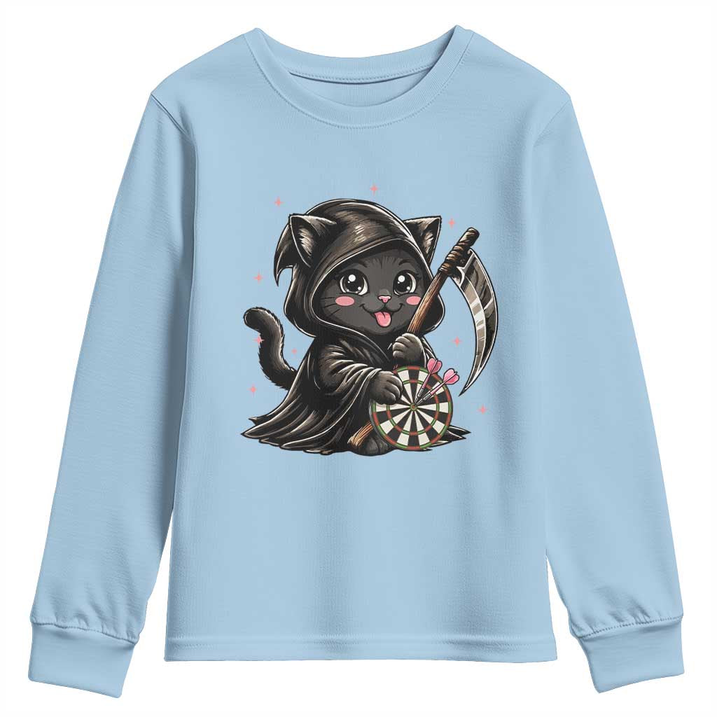 Dark Reaper Cat Throwing Darts Youth Sweatshirt Funny Pub Game Gift - Wonder Print Shop