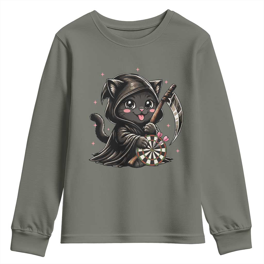Dark Reaper Cat Throwing Darts Youth Sweatshirt Funny Pub Game Gift - Wonder Print Shop