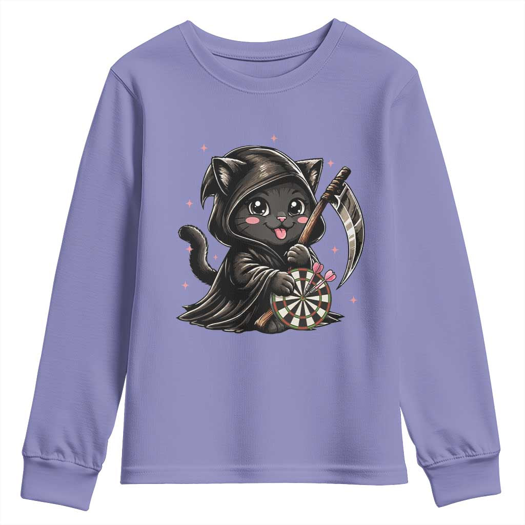 Dark Reaper Cat Throwing Darts Youth Sweatshirt Funny Pub Game Gift - Wonder Print Shop