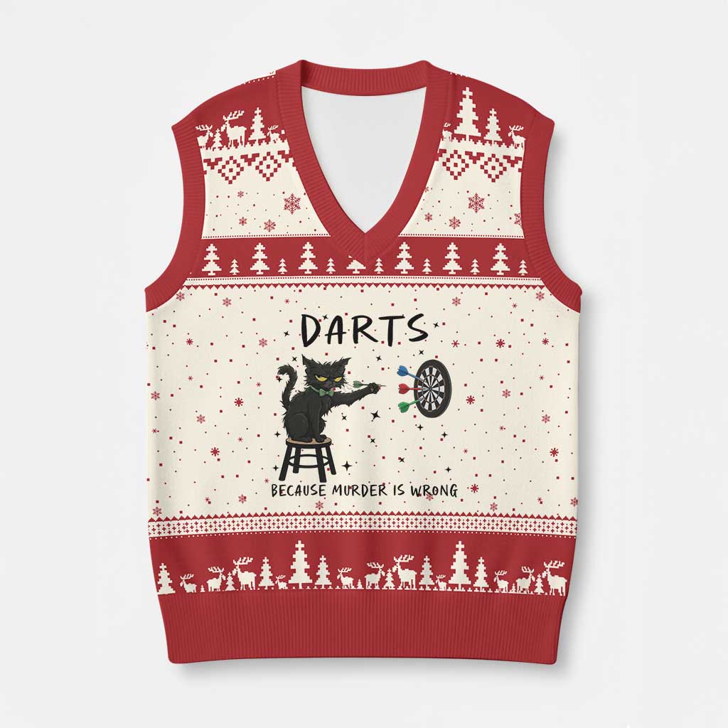 Funny Grumpy Cat Darts V-Neck Knit Sweater Vest Because Murder Is Wrong - Wonder Print Shop