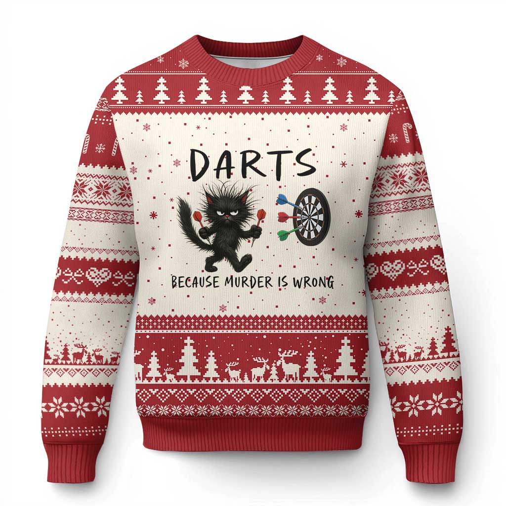 Funny Grumpy Cat Dart Player Ugly Christmas Sweater Because Murder Is Wrong Pub Game Gift - Wonder Print Shop