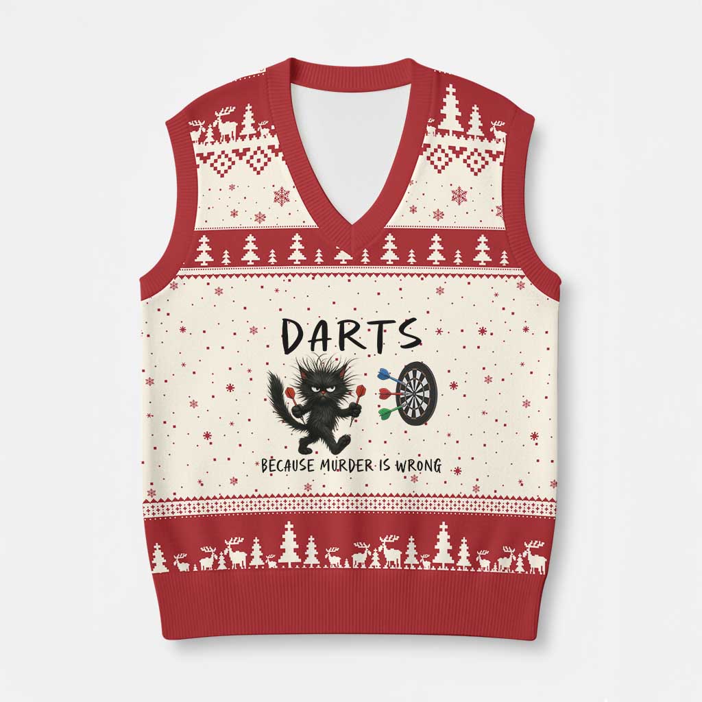 Funny Grumpy Cat Dart Player V-Neck Knit Sweater Vest Because Murder Is Wrong Pub Game Gift - Wonder Print Shop