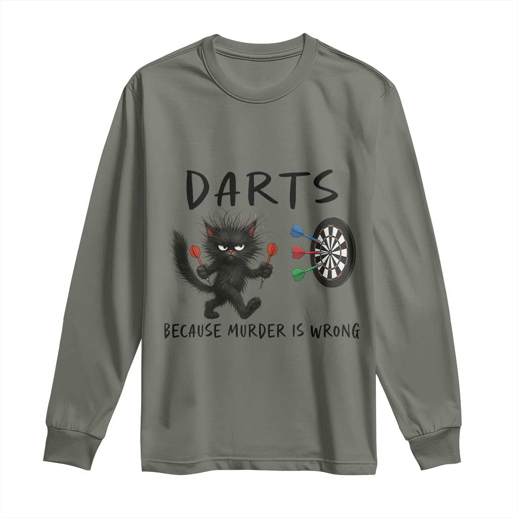 Funny Grumpy Cat Dart Player Long Sleeve Shirt Because Murder Is Wrong Pub Game Gift - Wonder Print Shop