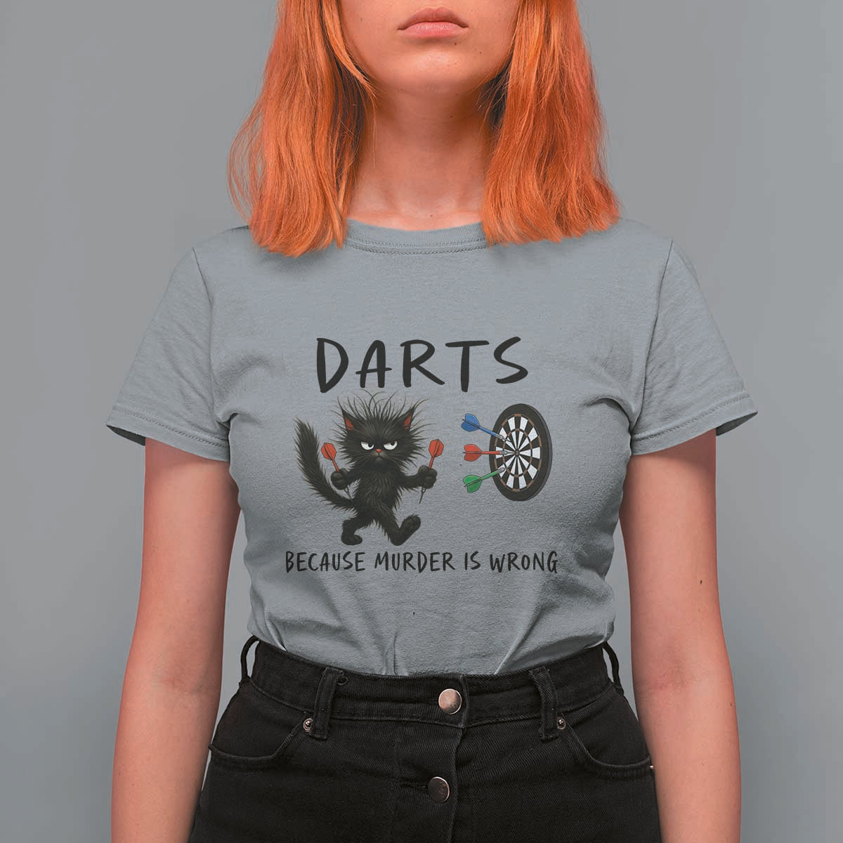Funny Grumpy Cat Dart Player T Shirt For Women Because Murder Is Wrong Pub Game Gift - Wonder Print Shop