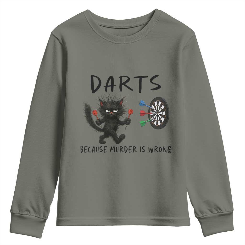 Funny Grumpy Cat Dart Player Youth Sweatshirt Because Murder Is Wrong Pub Game Gift - Wonder Print Shop