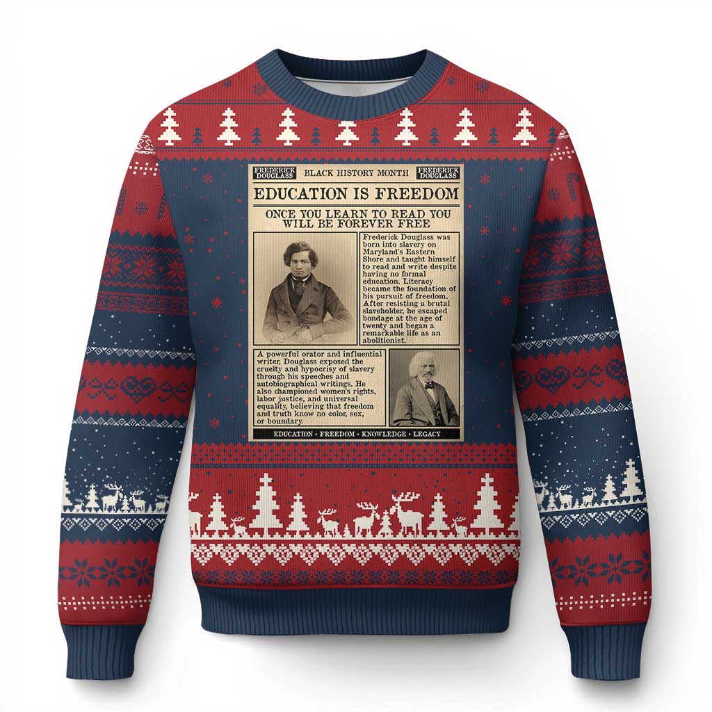 Education Is Freedom Newspaper Ugly Christmas Sweater Frederick Douglass Black History Month Gift - Wonder Print Shop